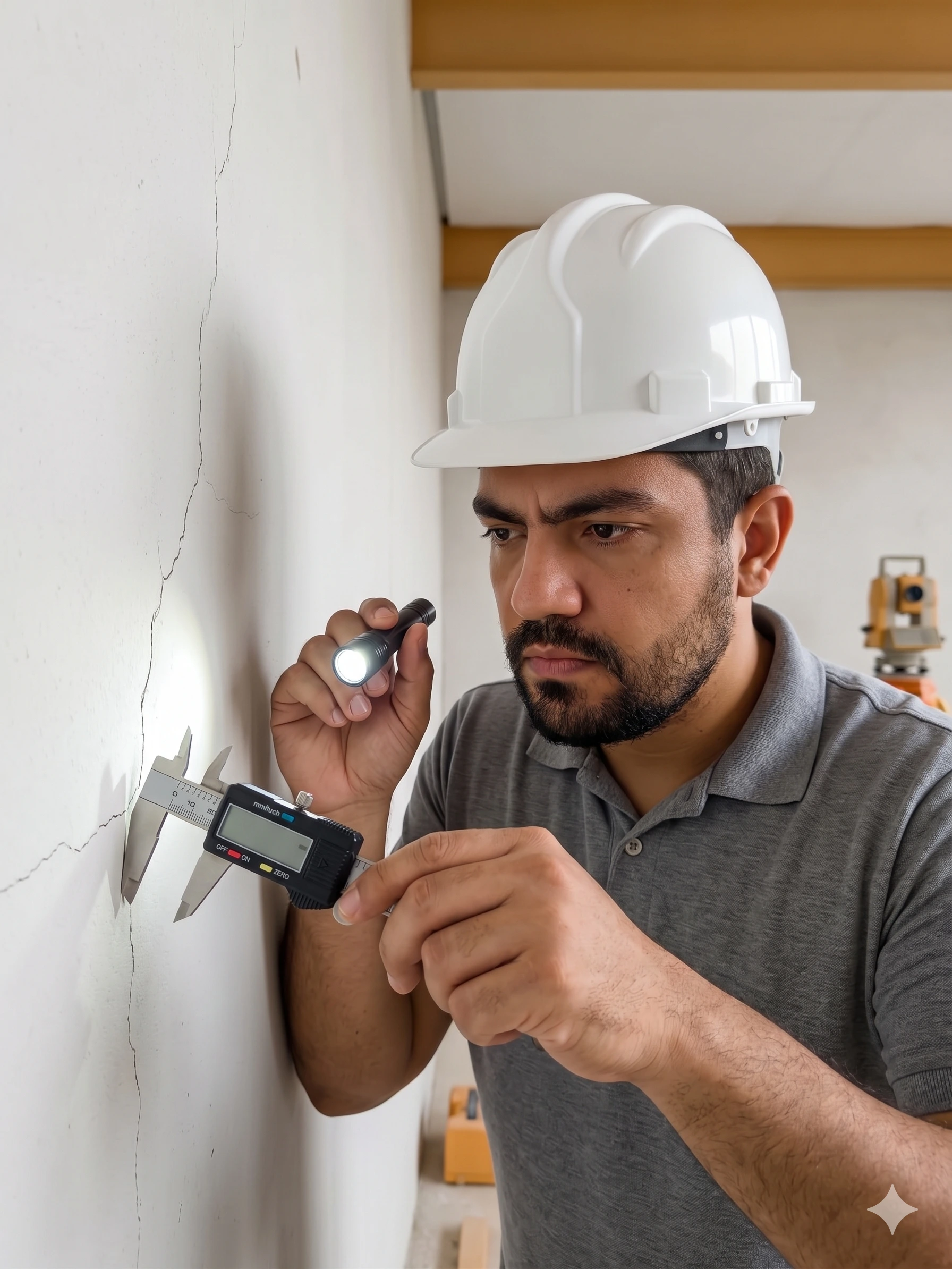 Engenheiro investigando a causa de uma trinca na estrutura.