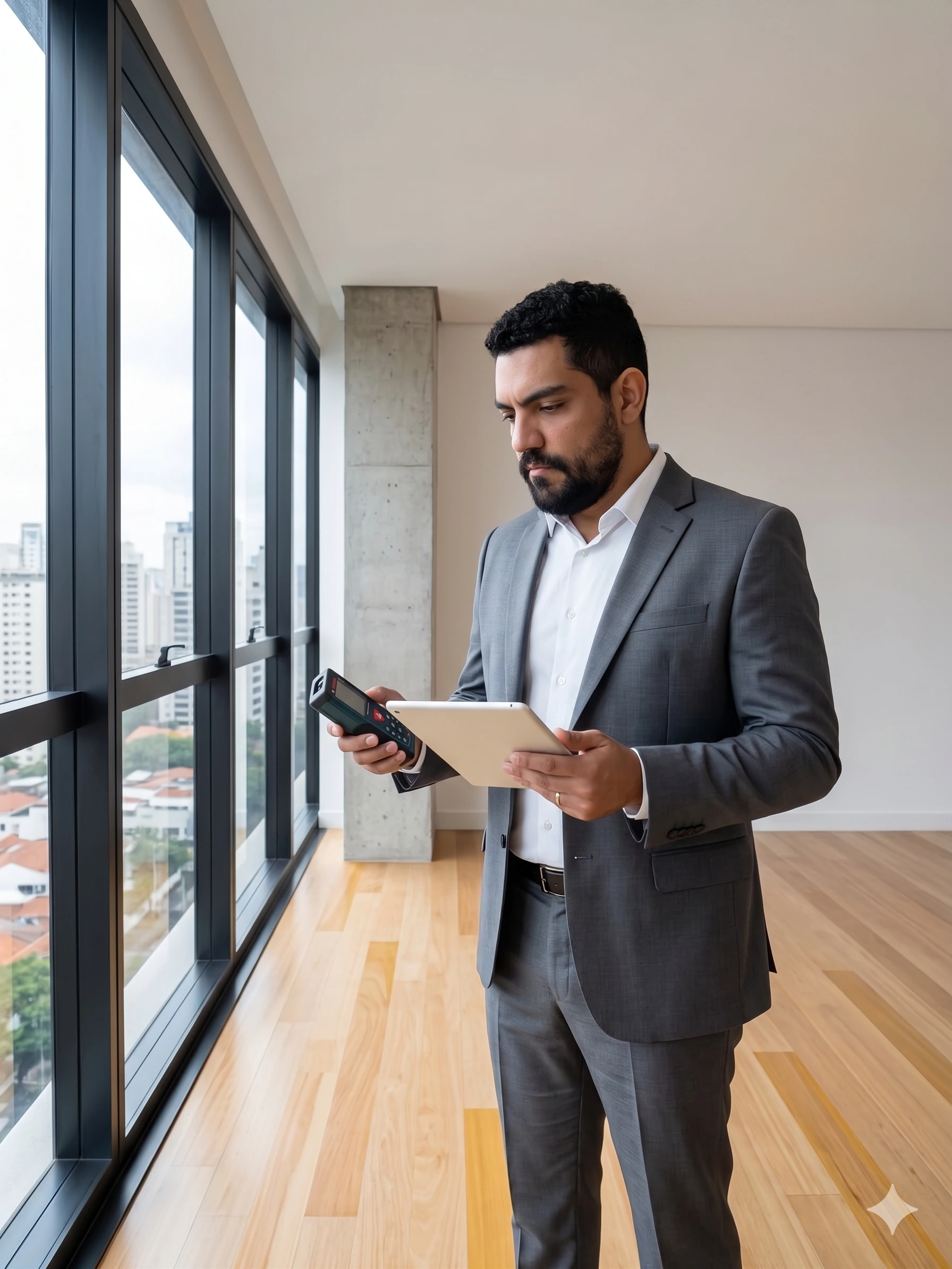Engenheiro realizando vistoria técnica em apartamento recém-entregue.